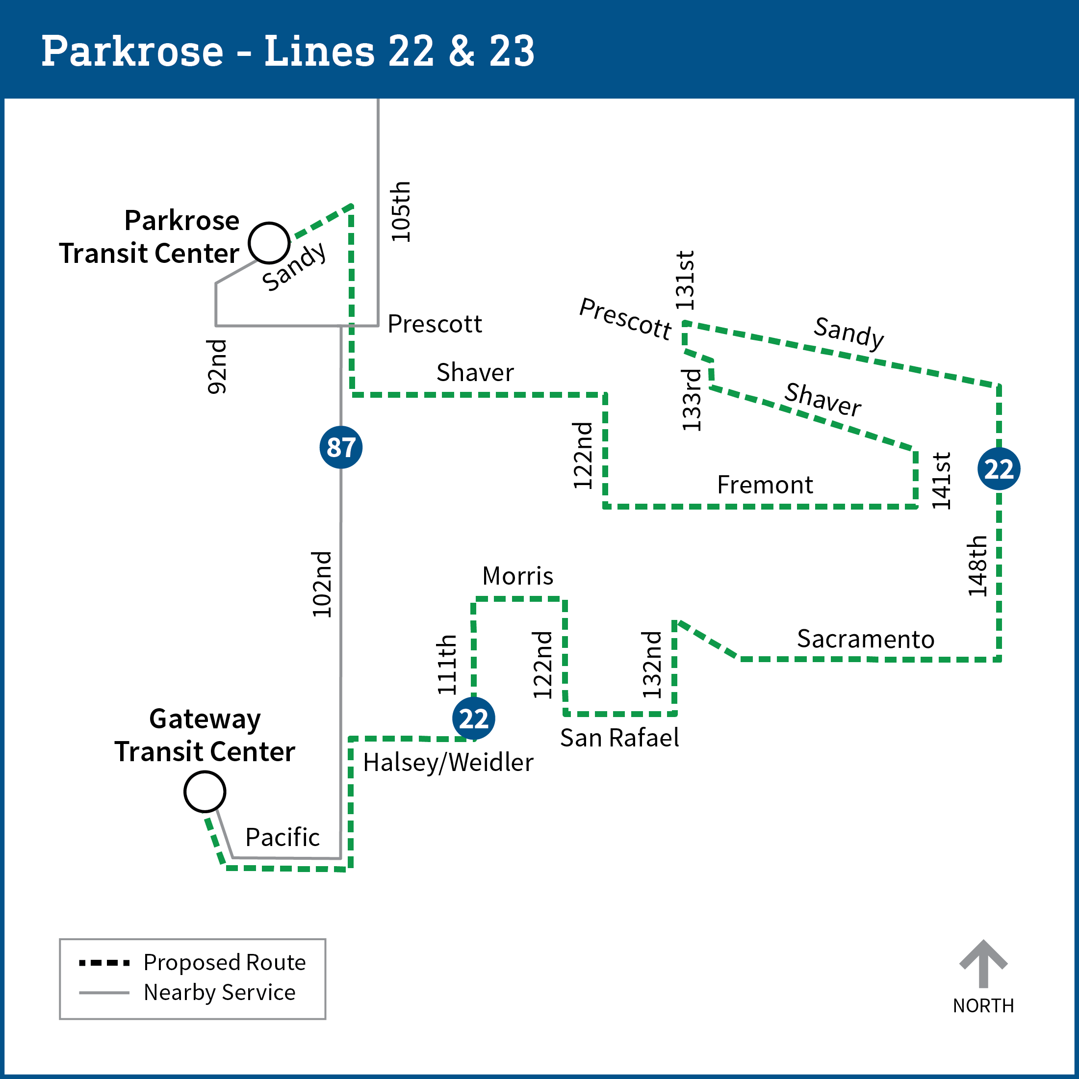 Map of the Parkrose area including Parkrose Transit Center and Gateway Transit Center shows the proposed combination of lines 22 and 23, with the new line providing service to both Parkrose and Gateway Transit Centers.