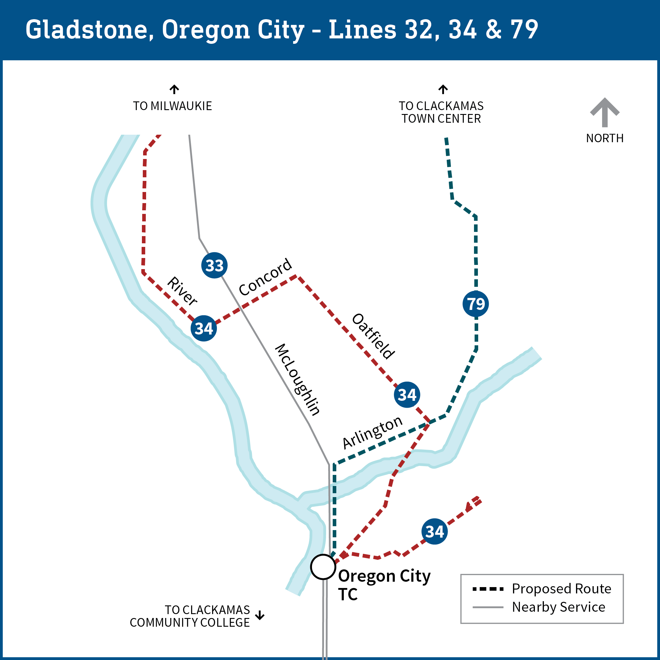 Map shows proposed changes for bus lines 32, 33, 34 and 79 with service to Oregon City Transit Center. Line 32 is eliminated,with lines 34 and 79 adjusted to provide coverage, as further detailed on the page.