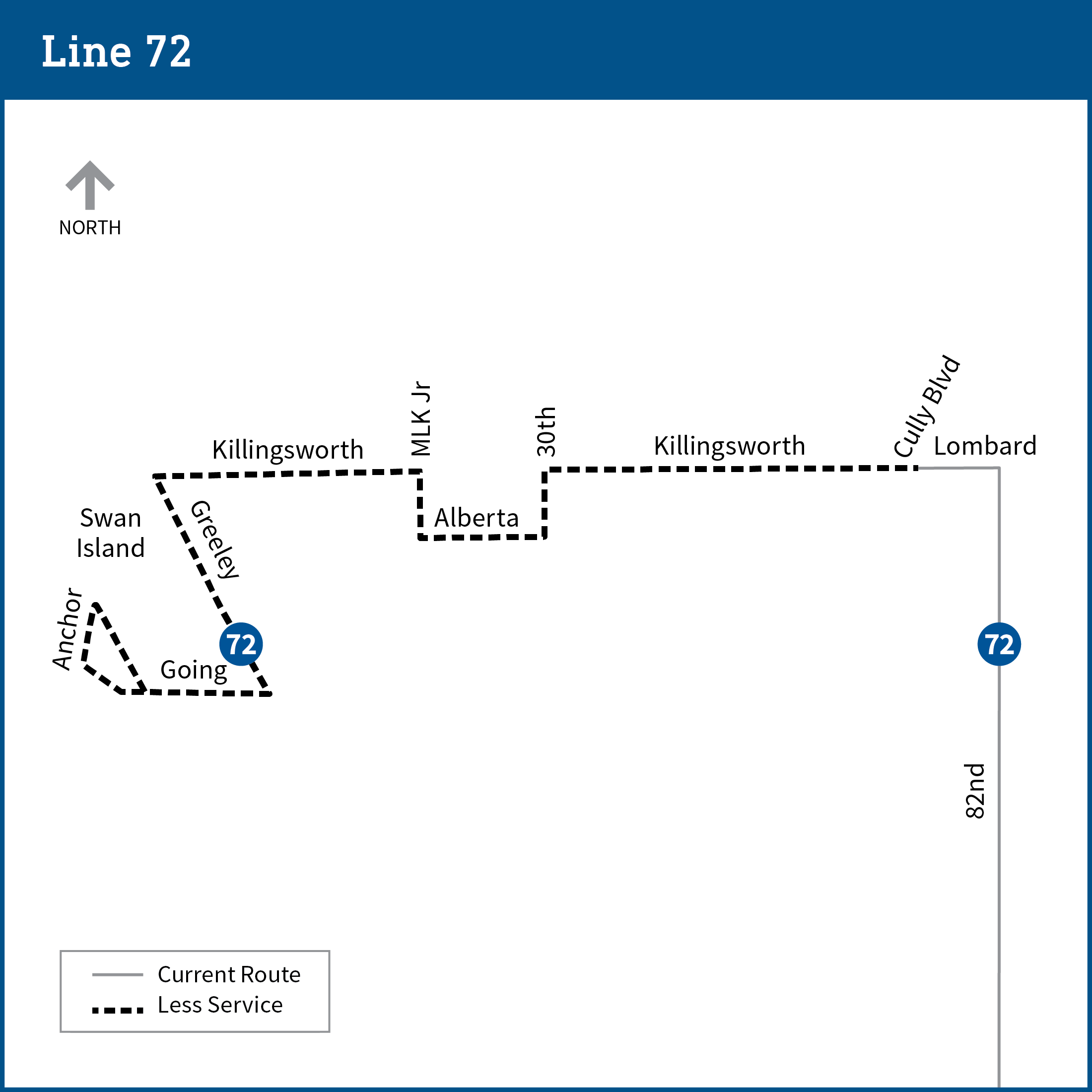 Map shows a segment of the line 72 bus route from Swan Island to 82nd Ave. A portion of the route from Swan Island to Cully Blvd is highlighted to show where proposed changes would take effect, as further detailed on the page.